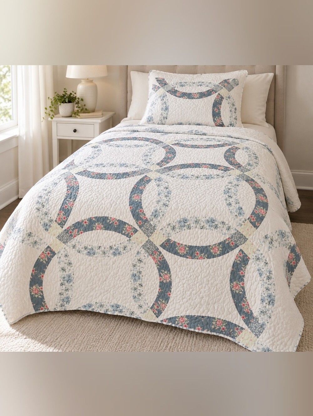 Classic Double Wedding Ring Quilt Set in Blue and White